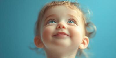 Joyful toddler looking up with wonder on a bright sunny day indoors photo
