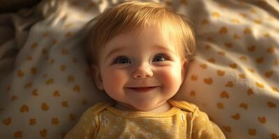 Baby with joyful smile resting on a cozy blanket, capturing moments of innocence and happiness in soft lighting photo