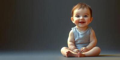 Happy baby sitting on a smooth surface, enjoying playtime indoors in soft lighting photo