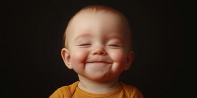 Happy baby with a joyful smile against a dark background captures the innocence of childhood in a warm yellow outfit photo