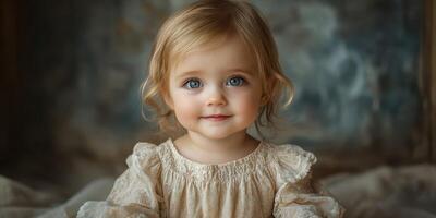 Young child with bright blue eyes wearing a delicate lace dress in a softly lit indoor setting photo