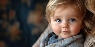 Baby with blue eyes wearing gray sweater looks curiously at the camera while being held by an adult in a comfortable setting photo