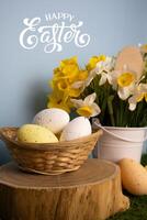 Vertical Easter card with colorful eggs close up and daffodil flowers in a bucket in background photo