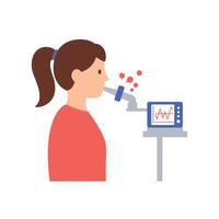 A woman is using an electronic device to measure her blood pressure vector