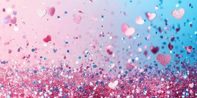 Colorful heart-shaped confetti falling against a gradient background during a festive celebration or event photo