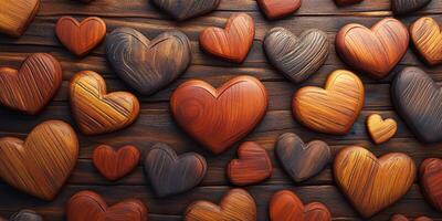 Colorful wooden hearts laid out on a wooden surface create a warm and inviting atmosphere for decoration and crafts photo