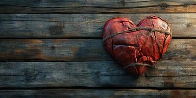 Heart made of textured red material tied with string against a rustic wooden background emits a sense of emotion and depth photo