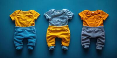 Colorful baby outfits displayed on a vibrant blue background highlighting three sets of clothing for infants and toddlers photo