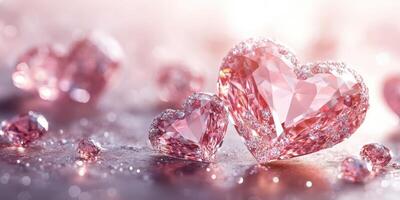 Sparkling pink crystal hearts arranged elegantly on a soft surface for a romantic setting photo