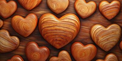Wood hearts arranged on a wooden surface create a warm and rustic decoration ideal for home or event settings photo