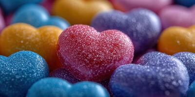 Colorful heart-shaped candies arranged in a delightful close-up display on a vibrant surface photo