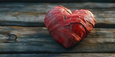 Decorative heart made of red material rests on a rustic wooden surface, symbolizing love and affection in a cozy atmosphere photo