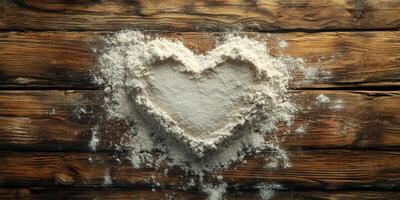 Flour heart shape outlined on rustic wooden surface evokes warmth and love for baking in a cozy kitchen setting photo
