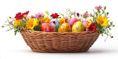 Colorful Easter eggs surrounded by vibrant flowers in a woven basket for spring celebrations photo