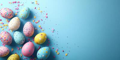 Colorful decorated Easter eggs arranged on a light blue background with vibrant confetti scattered around photo