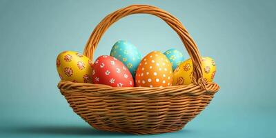 Colorful Easter eggs in a basket arranged on a blue background for festive spring celebrations and decoration ideas photo