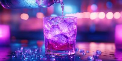 Colorful cocktail being prepared in a vibrant bar with neon lights glowing in the background photo