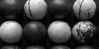 Bright and dark spheres lined in a pattern on a textured surface creating a visual contrast in a monochromatic display photo