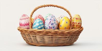 Colorful decorative eggs in a wicker basket for festive celebrations during springtime festivities photo