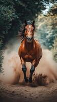 Majestic brown horse galloping through a forest trail kicking up dust in the bright afternoon light photo