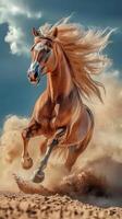 Majestic horse running through sandy landscape under a vibrant sky during a sunny day photo