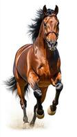Majestic brown horse galloping with great energy in a dynamic pose surrounded by dust photo