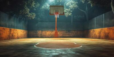 Basketball court illuminated by moonlight in a serene outdoor setting at night photo