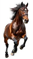 Powerful brown horse galloping with flowing mane in motion against a white background photo