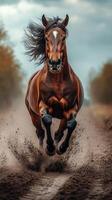 Majestic brown horse galloping swiftly along a dirt path under a moody sky in an enchanting landscape photo
