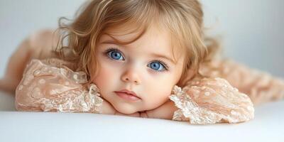 Captivating portrait of a young child with striking blue eyes relaxing indoors in soft light photo