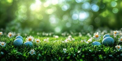 Colorful decorated eggs surrounded by daisies in a vibrant spring garden at dawn photo