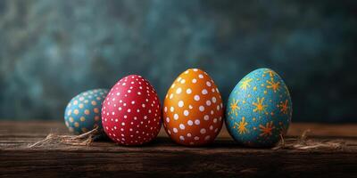 Colorful decorated eggs displayed on a rustic wooden surface during Easter celebration photo