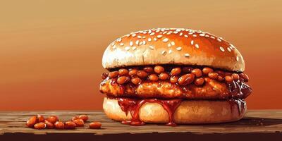 Delicious chicken sandwich with beans and sauce on a wooden table against a warm background photo