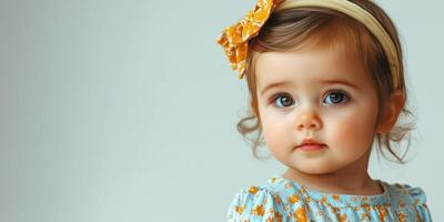 Sweet toddler with blue eyes and yellow floral dress posing for a portrait in a bright indoor setting photo