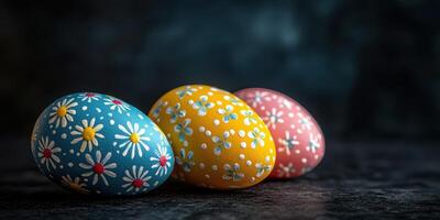 Colorful decorated eggs on a dark surface, perfect for spring festivities and celebrations in a cozy atmosphere photo