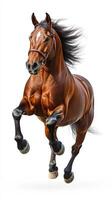 Majestic brown horse leaping gracefully with flowing mane in bright light against a white background photo