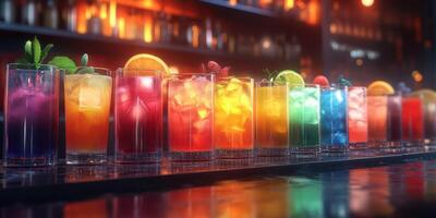 Colorful cocktails lined up on a bar counter during a vibrant nightlife atmosphere in a trendy urban location photo