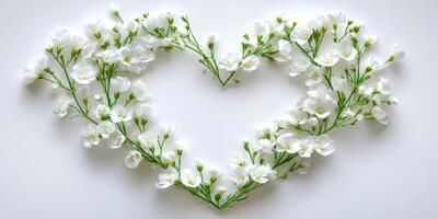 Beautiful heart shape created with delicate white flowers arranged on a clean surface photo