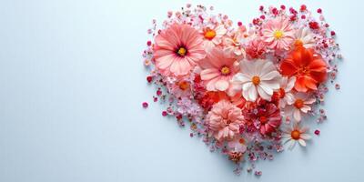 Heart-shaped arrangement of colorful flowers on a light blue background, perfect for spring decorations and celebrations photo
