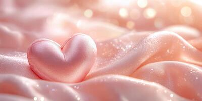 Soft pink heart resting on satin fabric with shimmering light in a serene setting photo