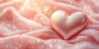 Sparkling heart on soft pink fabric captures the essence of love and tenderness in a beautifully arranged setting photo