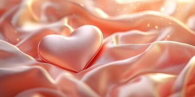 Heart-shaped decoration on soft peach satin fabric reflecting warm light and creating an elegant atmosphere photo
