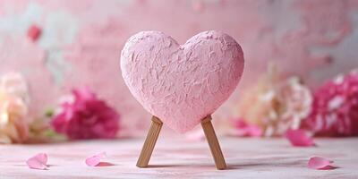 Pink heart decoration with wooden supports surrounded by flower petals creates a romantic atmosphere photo