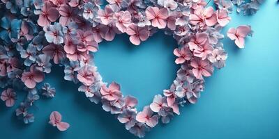 Colorful floral arrangement in heart shape on a blue background creates a vibrant and romantic atmosphere photo