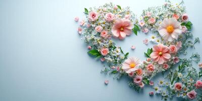 Heart-shaped floral arrangement with pink roses and daisies on a light background creating a romantic atmosphere photo