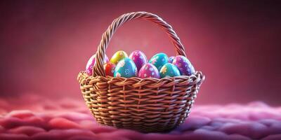 Colorful decorated Easter eggs in a woven basket with soft background lighting photo