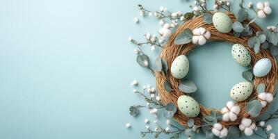 Spring wreath decor featuring pastel Easter eggs and floral accents on a light blue background photo