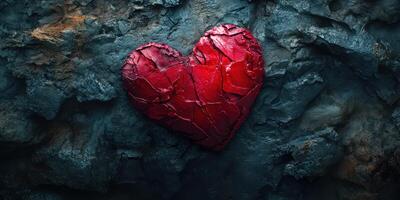 Heart made of cracked red material against a dark textured surface expressing emotion and resilience in an artistic manner photo