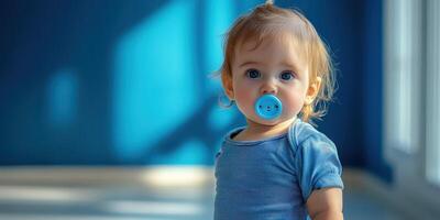 Bright blue room with a curious baby exploring while holding a pacifier in the morning light photo