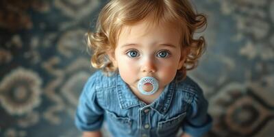 Baby with curly hair and blue eyes wearing denim jacket and pacifier, looking up at the camera in a cozy indoor setting photo